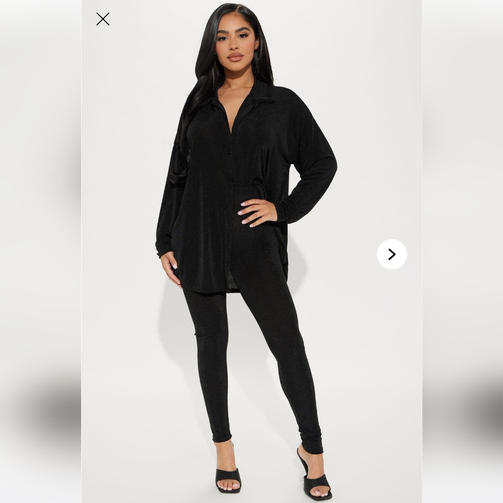 Elegant Black Women's 2 Piece Long Sleeve Button Up With Leggings Set